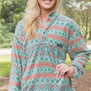 Southern Marsh Aztec Fleece Pullover - Teal and Coral